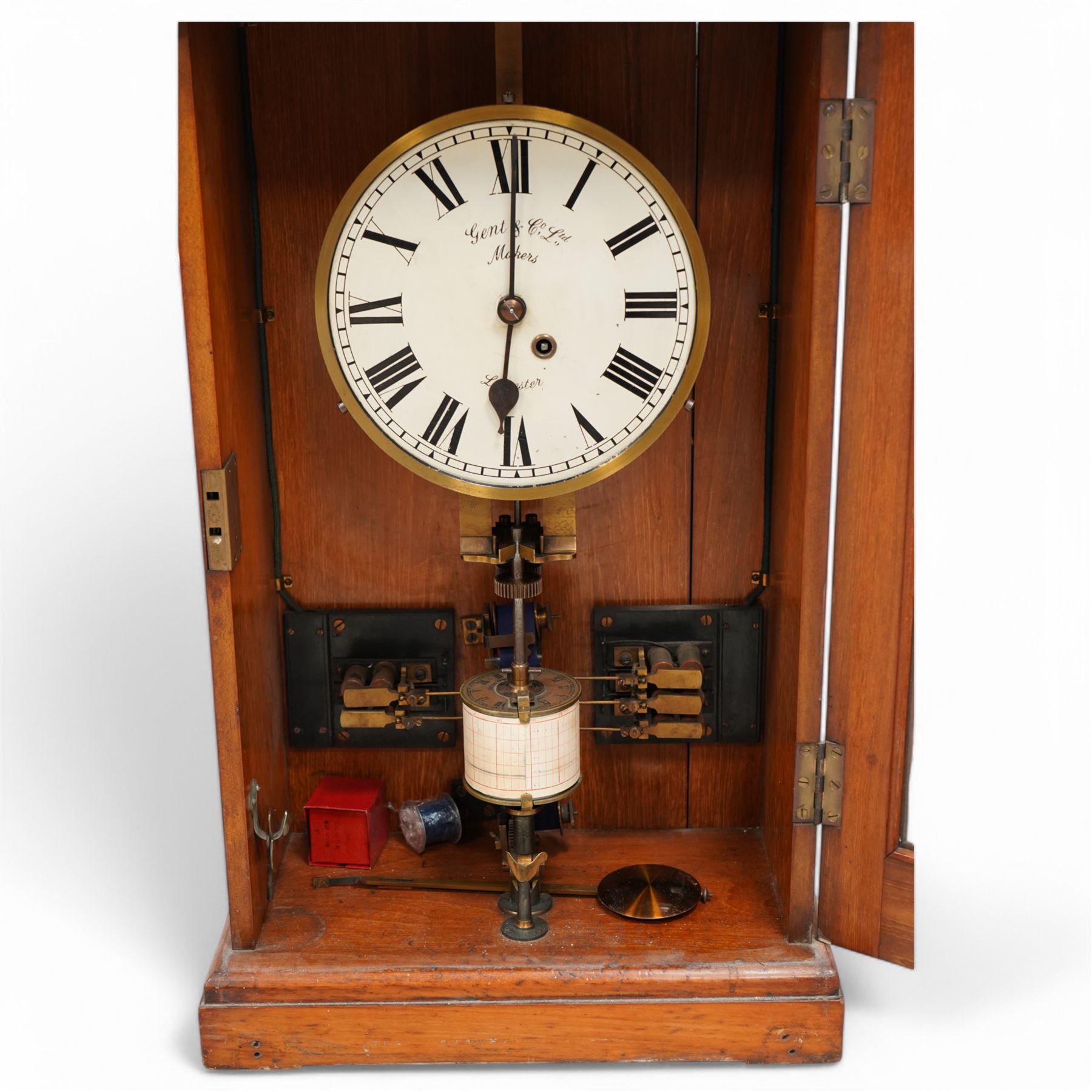 Gent & Co Leicester-early 19th century mahogany cased nightwatchman master clock c1905, with a fully glazed door, 9