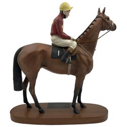 Beswick Connoisseur Red Rum with jockey Brian Fletcher up,  no.2511, upon wooden plinth base with metal plaque, H34cm