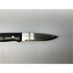 Three hunting knives, each blade marked A. Wright & Sons Sheffield, one with leather handle, one with horn handle and one with antler handle; each with leather sheath (3)