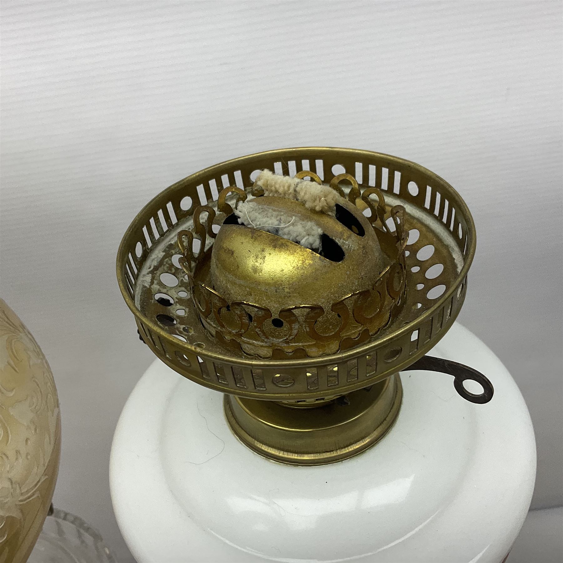 Brass Corinthian column oil lamp, upon stepped marble base, together three other brass table lamps, tallest H68cm