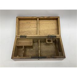 Victorian lacquered brass monocular microscope on circular base with ball and socket adjustment and screw action rise-and-fall focusing H28cm; in fitted walnut case with additional lens and small quantity of glass slides