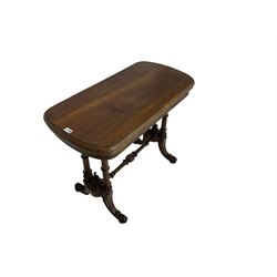 Victorian walnut stretcher side table, swivel fold-over top with baize lining, on pillar supports joined by turned stretcher, splayed feet with acanthus carved terminals, on castors