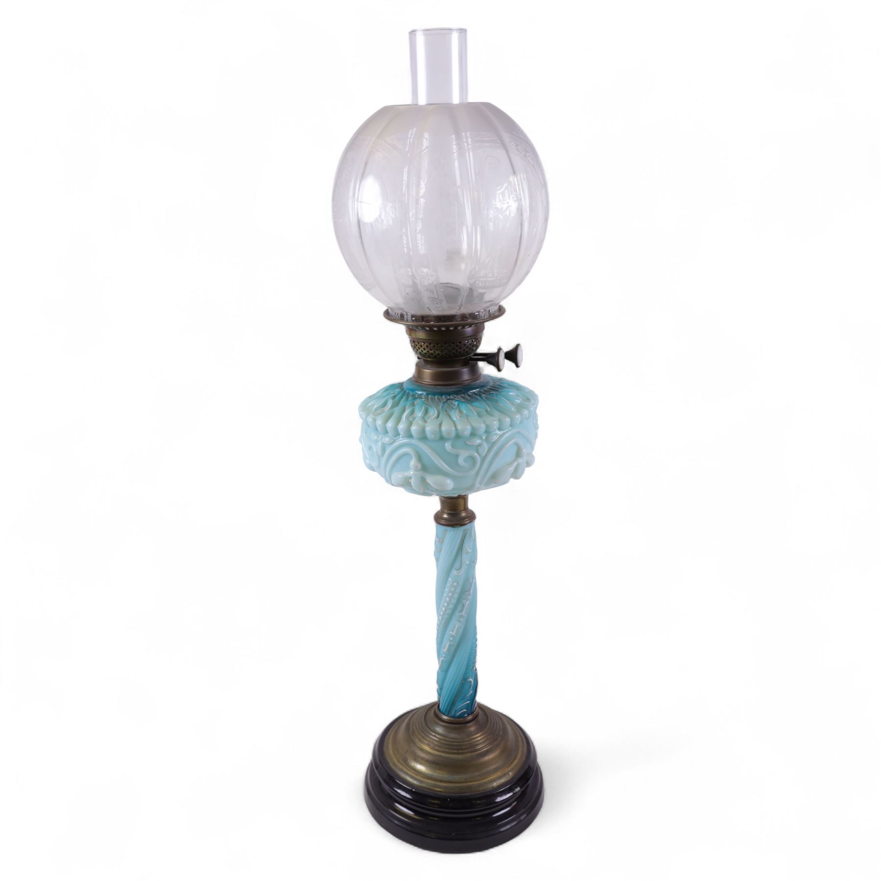 Victorian brass oil lamp with cranberry glass shade marked A L & Co, together with another Victorian lamp with turquoise glass reservoir and column, largest H77cm 