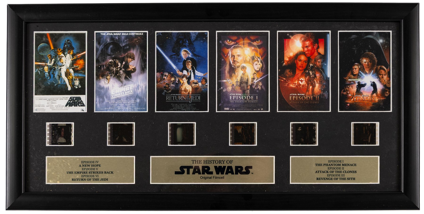 Four Cards Inc Star Wars The Movie Poster Collection prints, comprising Episode I Attack of the Clones, A New Hope, Return of the Jedi and The Empire Strikes Back, all framed, H37cm, together with a Rye by Post The History of Star Wars Original Filmcell collection, with certificate of authenticity verso