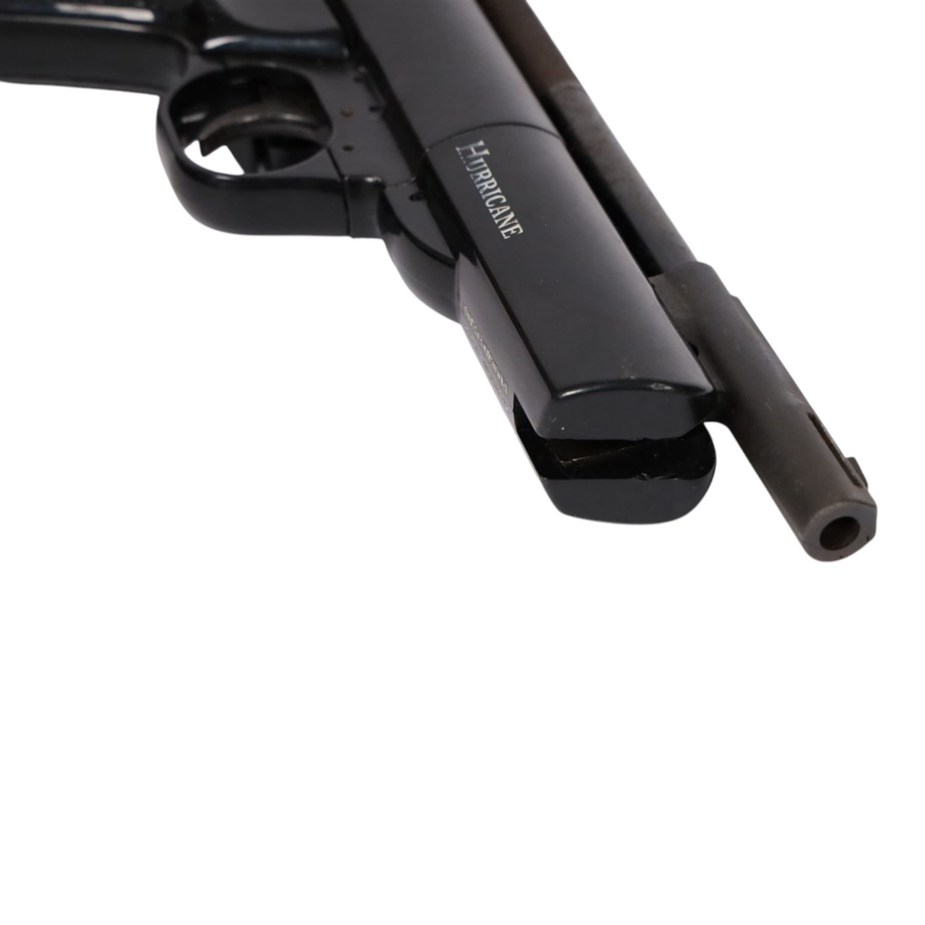 Webley Hurricane .177 air pistol, the chamber marked 'Hurricane' and 'Webley & Scott Ltd. Birmingham England' beneath, with front hooded sight and black checkered grip, H14cm, L28cm