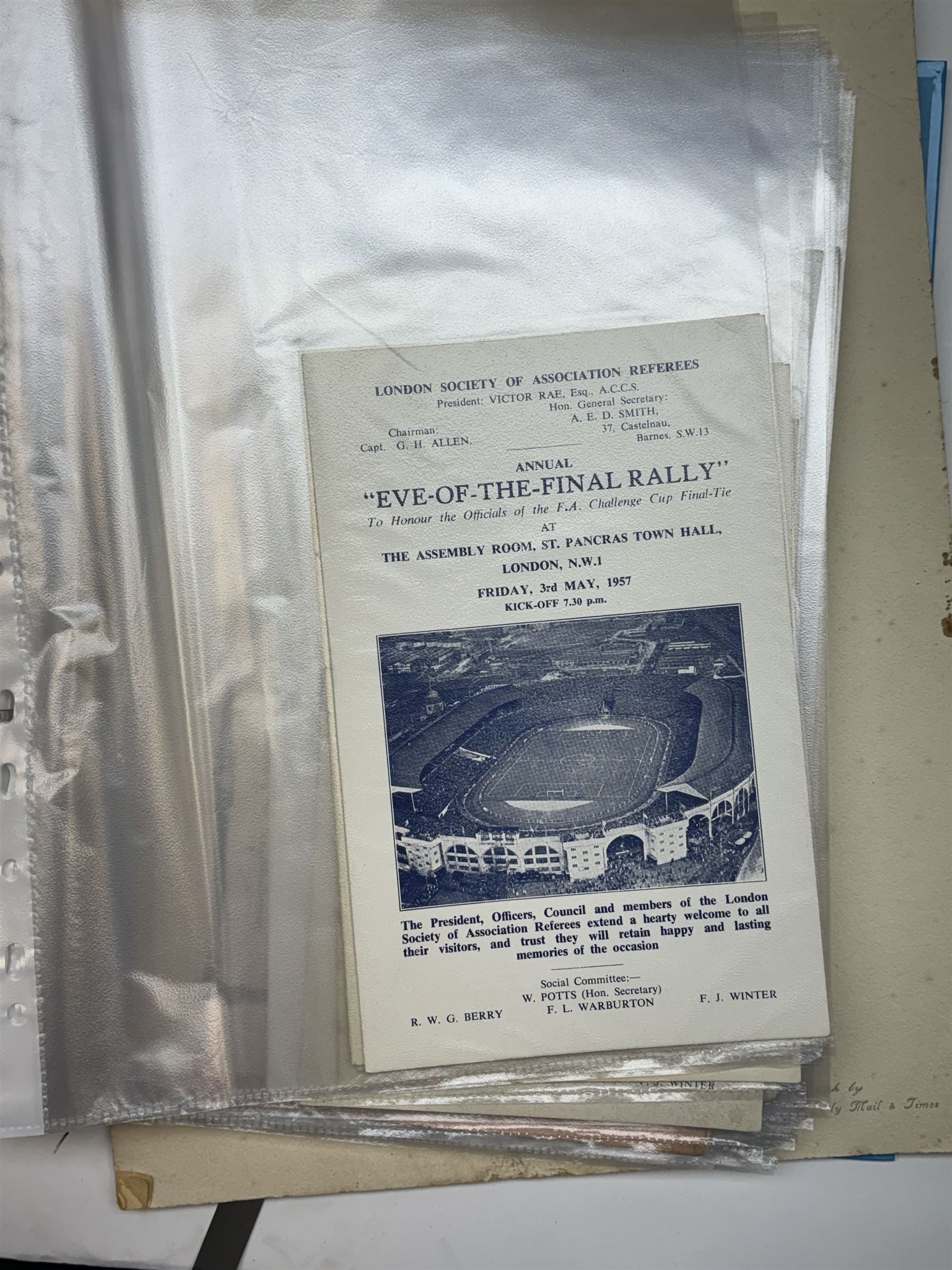 Collection of football memorabilia belonging and relating to the Hull based referee Frank Coultas, including 9ct gold Referee's medal for the 1957 Aston Villa v Manchester United FA Cup Final, inscribed 'The Football Association, F.B Coultas, F.A. Challenge Cup Competition, Final Tie 1957', hallmarked and in original case; the kit worn by him to referee the 1957 FA Cup Final and ephemera relating to the match including photographs, programmes and tickets; together with other football memorabilia collected by Frank Coultas, including programmes, photograph and ticket stubs, with some items relating to the 'Busby Babes'