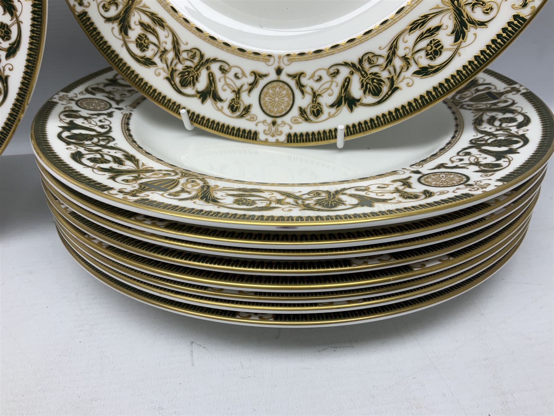 Royal Worcester Windsor pattern part tea and dinner service, comprising nine dinner plates, nine side plates, nine dessert plates, six coffee cans and saucers, sauce boat and plate, two covered tureens, oval dish and serving platter (35)