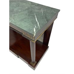 Late 19th century mahogany console or pier table, rectangular green marble top over a break-front frieze inlaid with brass scroll work panels, reed and ribbon gilt metal and wooden beaded applied mouldings, on turned and fluted front supports, plain mirror back over plinth platform base