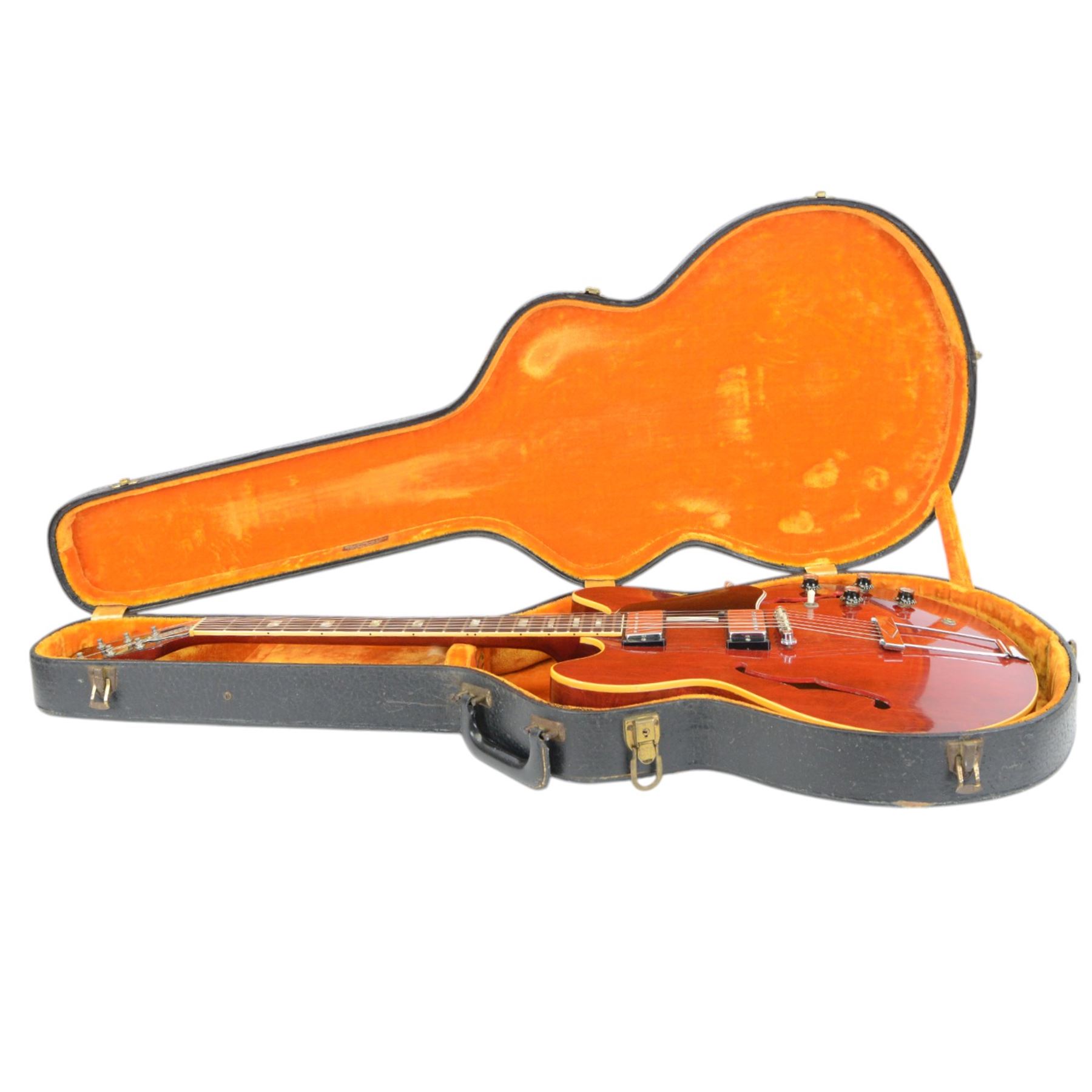 1967 Gibson ES-335 TDC electric guitar, in cherry red finish, made in USA, semi-hollow body, mother of pearl fret markers, original pick guard, original tuning pegs, contained within period hard case made in Philadelphia USA with orange velvet lining, guitar length L104cm