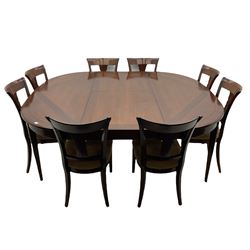 Grange Furniture - cherry wood finish oval extending dining table on square tapering supports, and a set of eight dining chairs with curved backs and upholstered seats 