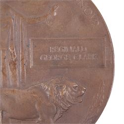 WWI bronze death plaque for Reginald George Clark, with card holder 