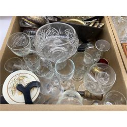 Silver-plated metal ware to include Walker & Hall, glassware to include decanter and drinking glasses, ceramics, mirror, framed watercolour, framed print etc in five boxes