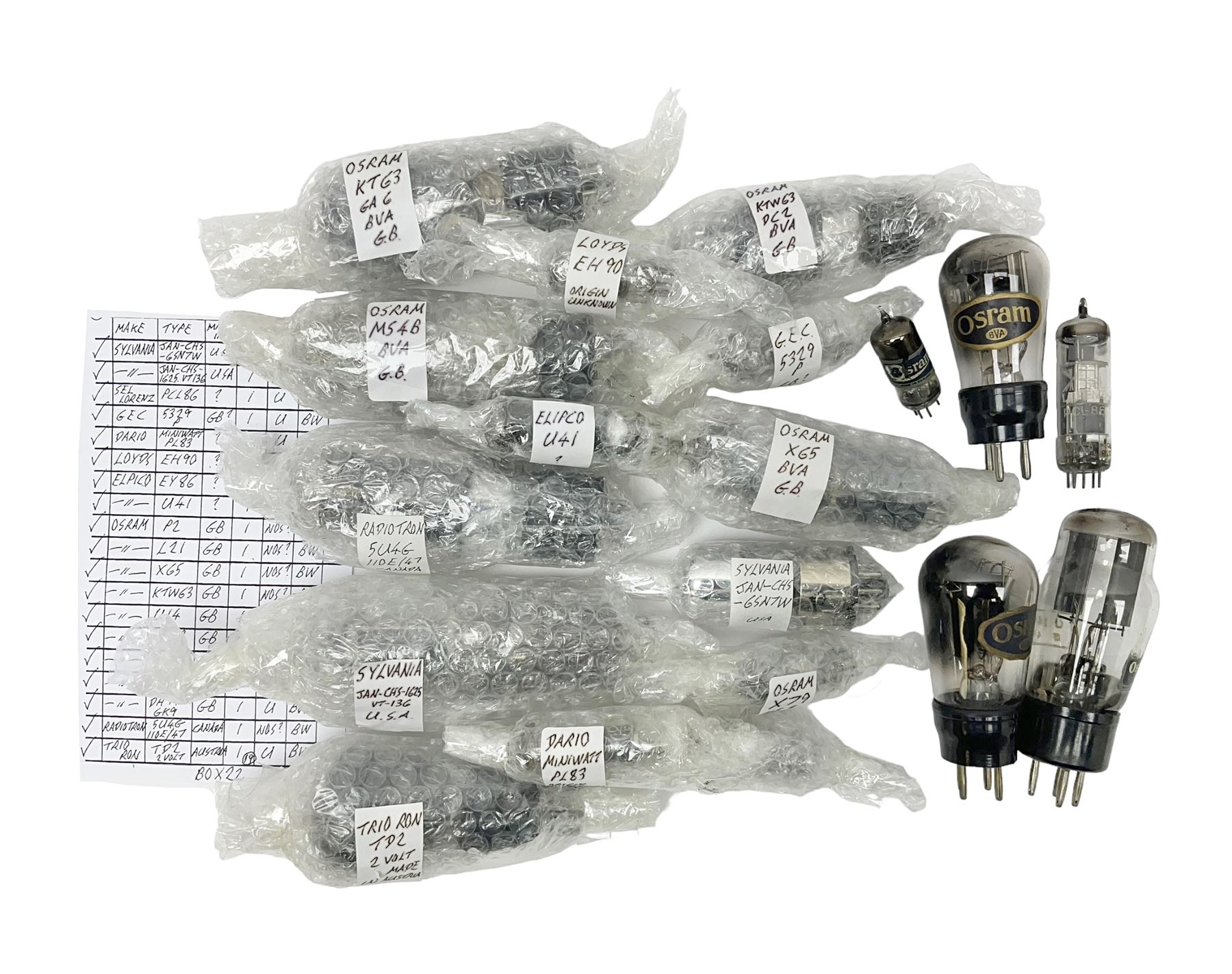 Collection of Osram, Elpico, Sylvania and similar thermionic radio valves/vacuum tubes, including P2, L21, DH77 GK9, U14 and PCLl86, approximately 19 as per list, unboxed