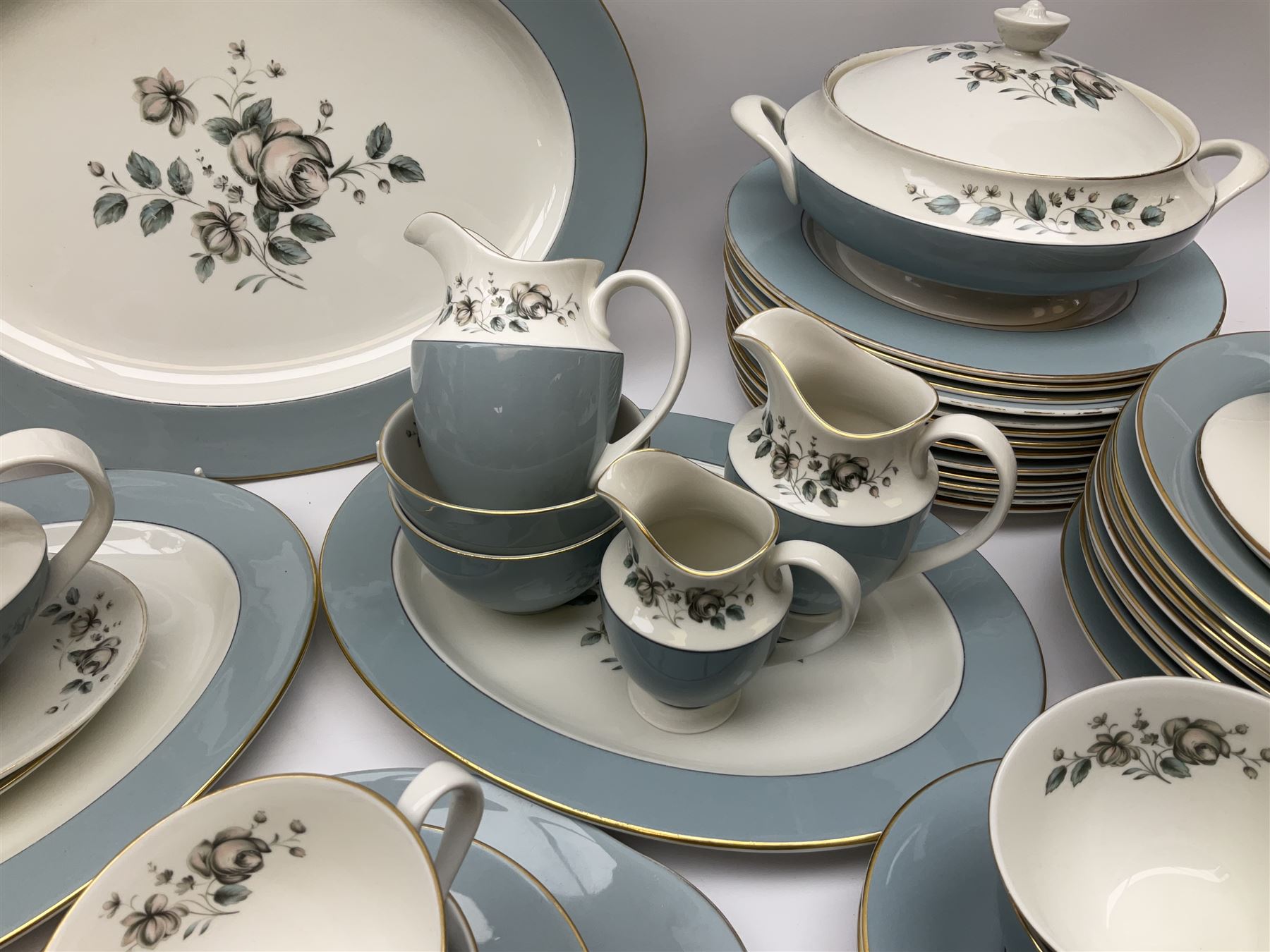 Royal Doulton Rose Elegans pattern tea and dinner wares, to include teapot, fourteen cups and saucers, two milk jug, cream jug, two sucriers, two covered serving dishes, serving platter, etc (98+)