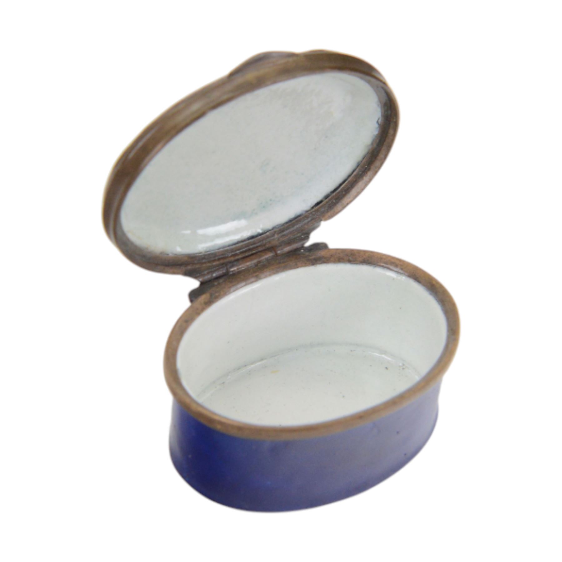 Four 18th/ early 19th century enamel snuff boxes, of oval form, with pictorial images and mottos to the hinged covers, comprising black and white printed figural scene, spray of flowers, Esteem the GIVER and Love the giver 