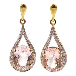 Pair of oval cut morganite and white zircon pendant stud earrings, hallmarked, total morganite weight approx 6.00 carat