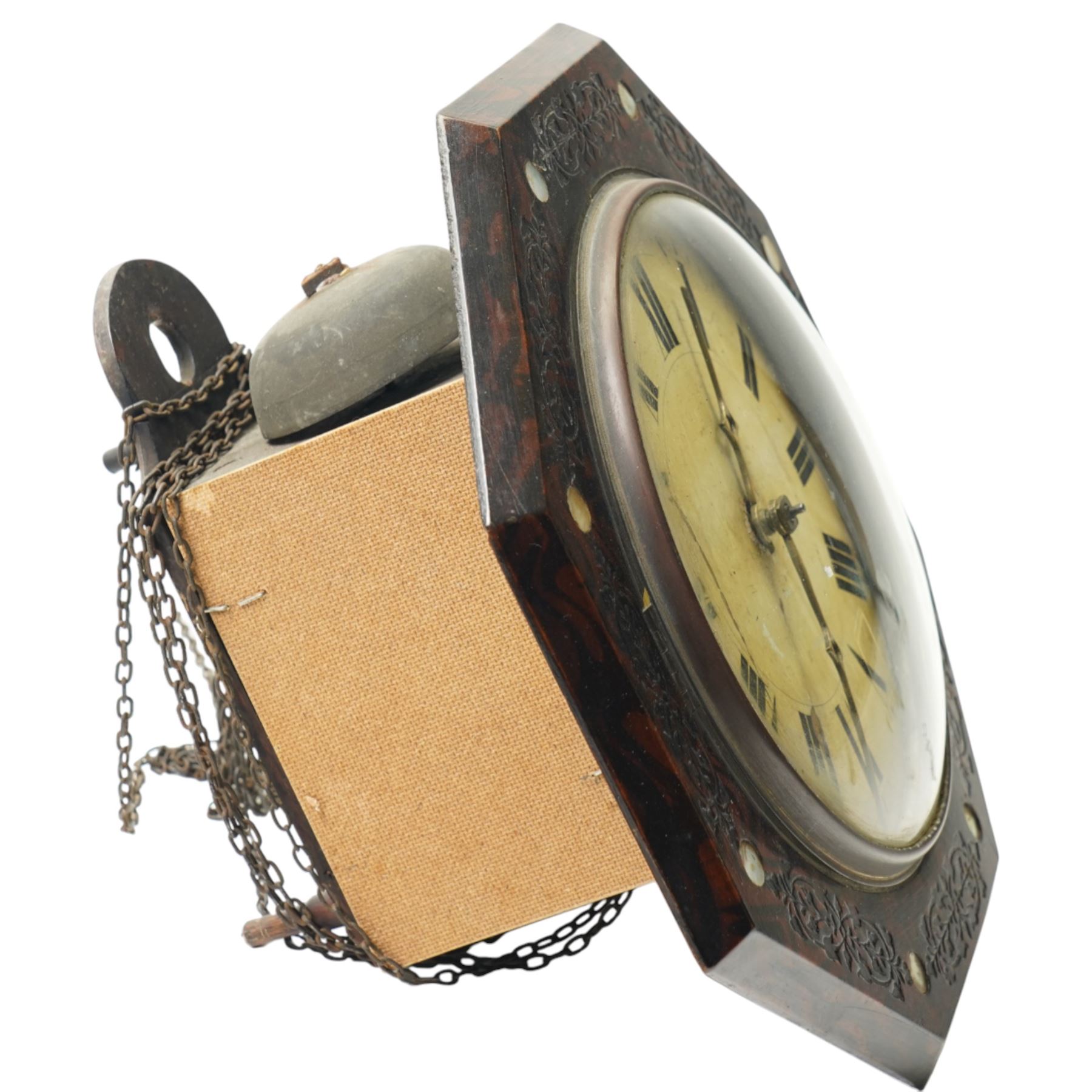 German-Late 19th century 30-hour Black Forest wall clock with an octagonal dial and inlaid mother of pearl decoration, painted 7