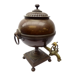  George III copper tea urn of globular form, reeded domed cover, ring handles, shell motif girdle, stepped square base on four ball feet, stamped Clarks' Fleet St. H43cm   