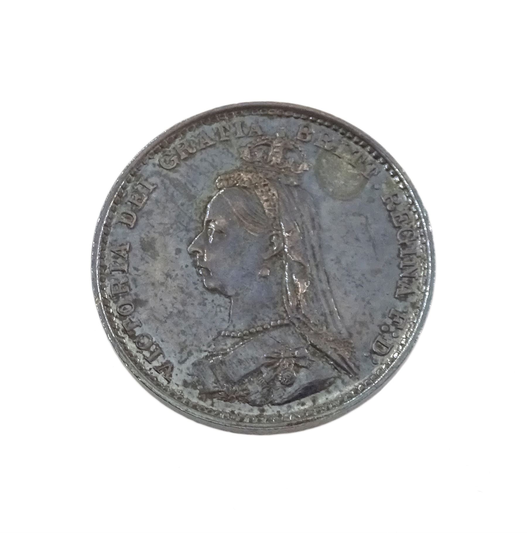 Queen Victoria 1887 specimen coin set, comprising gold half sovereign, sovereign, two pounds and five pounds, silver threepence, sixpence, shilling, florin, halfcrown, double florin and crown, housed in purple velvet case
