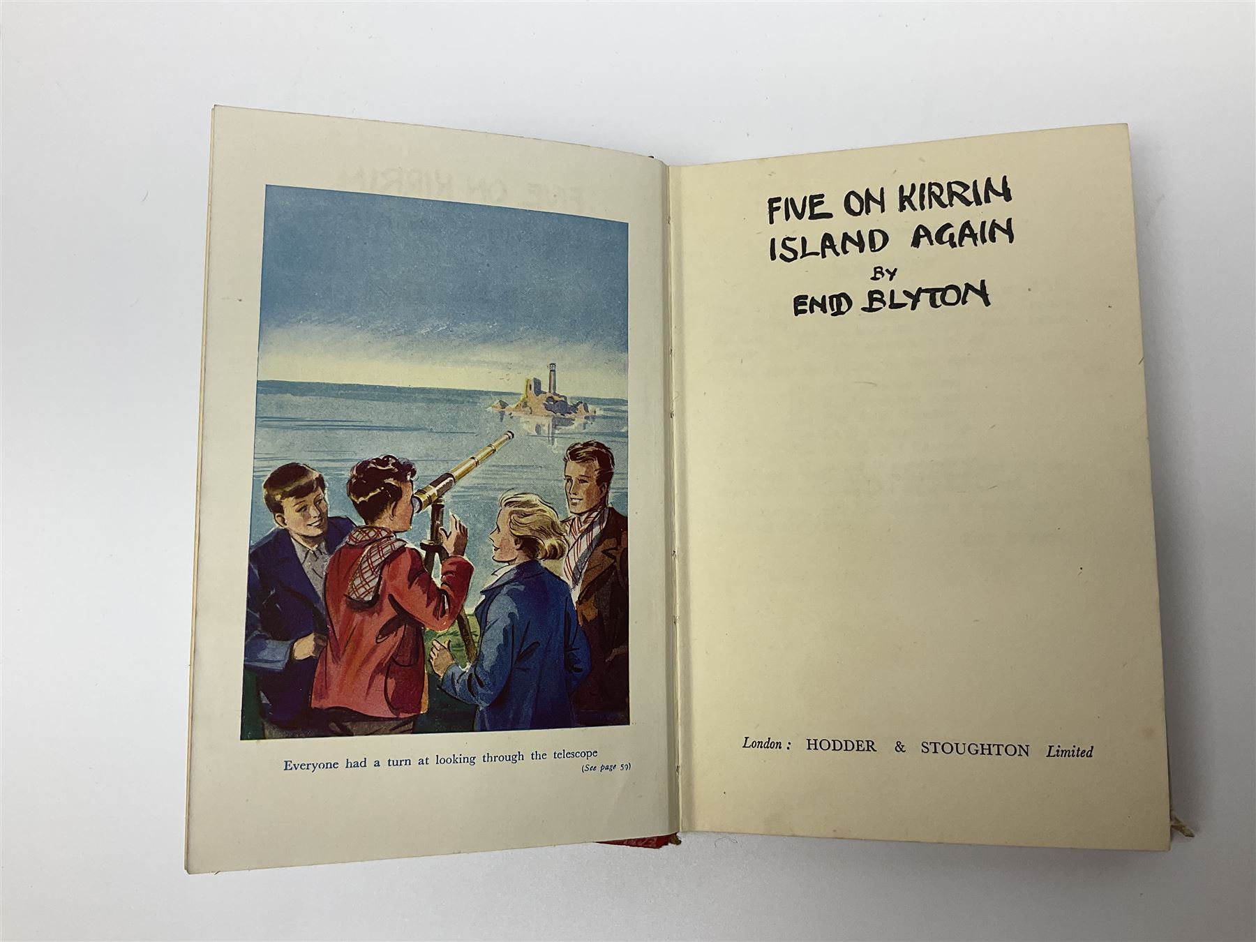 Blyton Enid: Five on Kirrin Island Again, first edition, Hodder & Stoughton, 1947, colour frontispiece, tinted plates and plain illustrations to text, pictorial endpapers, original red boards lettered in black in dust jacket (6/-, with telescope the wrong way round)