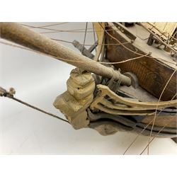 Wooden model of the three mast sailing ship with full rigging, on a wooden display base, H95cm, L110cm