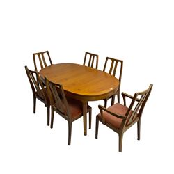Nathan - mid-20th century teak oval extending dining table (W152cm D99cm H75cm); and Nathan - set six (4+2) mid-20th century teak high slat-back chairs, seats upholstered in light red fabric (W55cm H96cm)