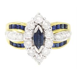 18ct gold sapphire and diamond cluster marquise shaped ring, single marquise cut sapphire,...
