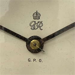 Early to mid 20th century circular mahogany cased dial clock, enamel Roman dial inscribed with the George VI cypher and 'G.P.O', single fusee movement, D37cm (with pendulum)