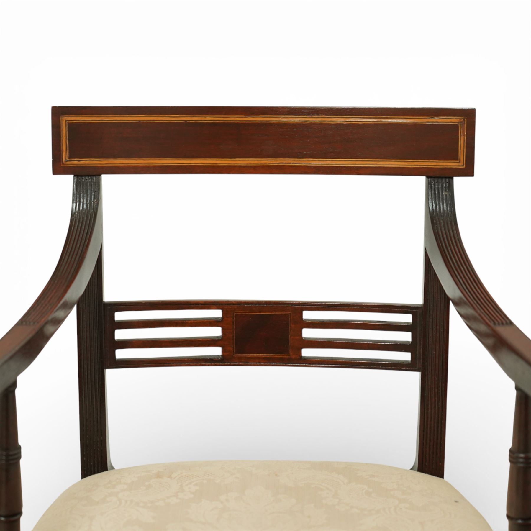 Georgian design mahogany dining chairs, a set of six including two carvers and four side chairs, each with rectangular moulded crest rail above a horizontal splat with central inlaid panel, upholstered seats, raised on square section supports united by stretchers
