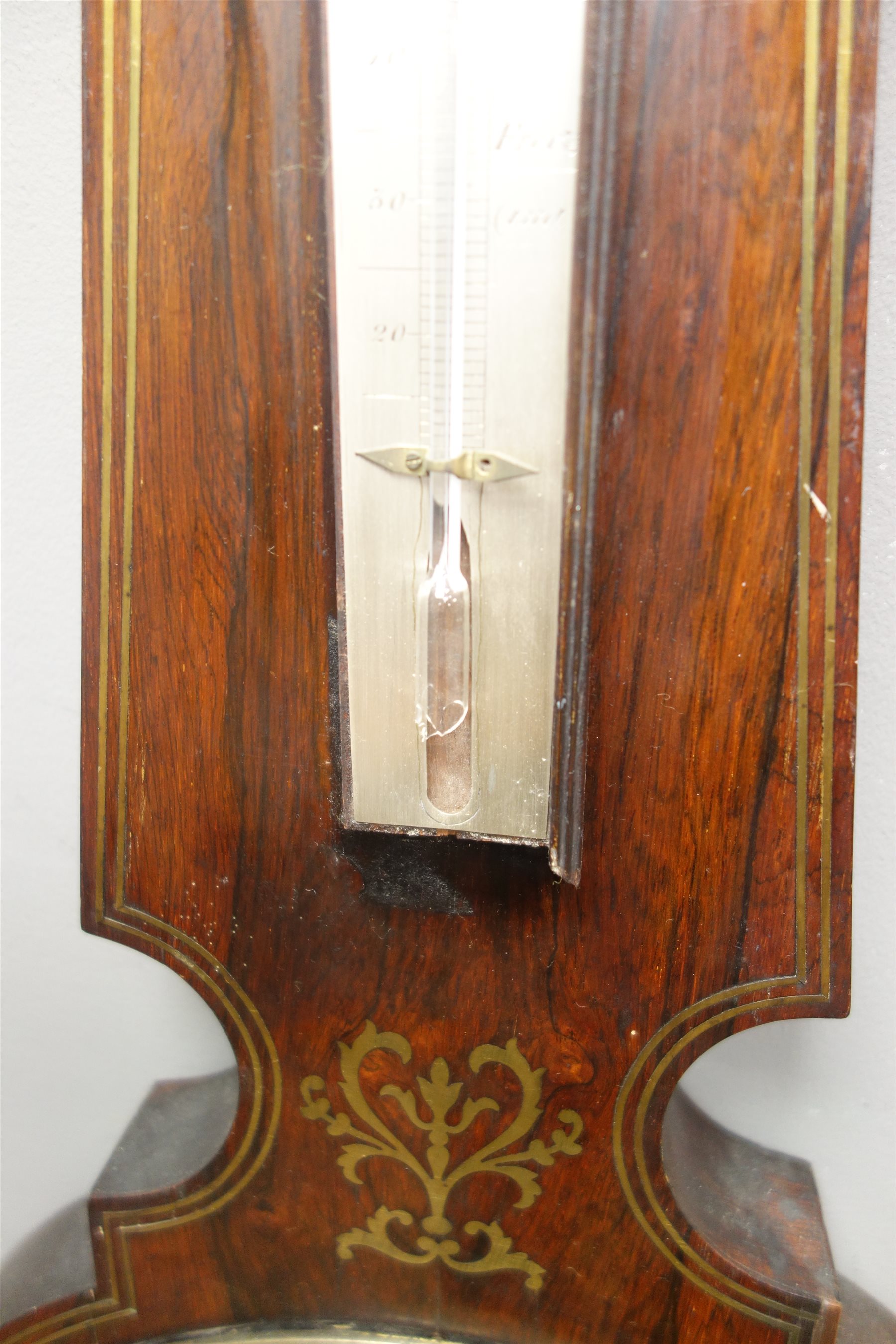 19th century rosewood mercury four dial barometer, swan neck pediment