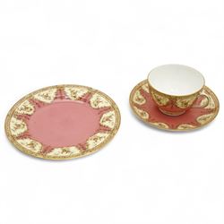 Late Victorian Royal Worcester trio of cup, saucer and plate decorated in dark blue and gilt, retailed by Henry Greene & Sons, London Bridge, two other Worcester trios and three other Worcester items