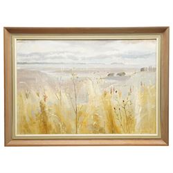 Iola Spafford (British 1930-): 'Edge of the Shore', oil on board signed, titled on Lane Gallery label verso 44cm x 64cm