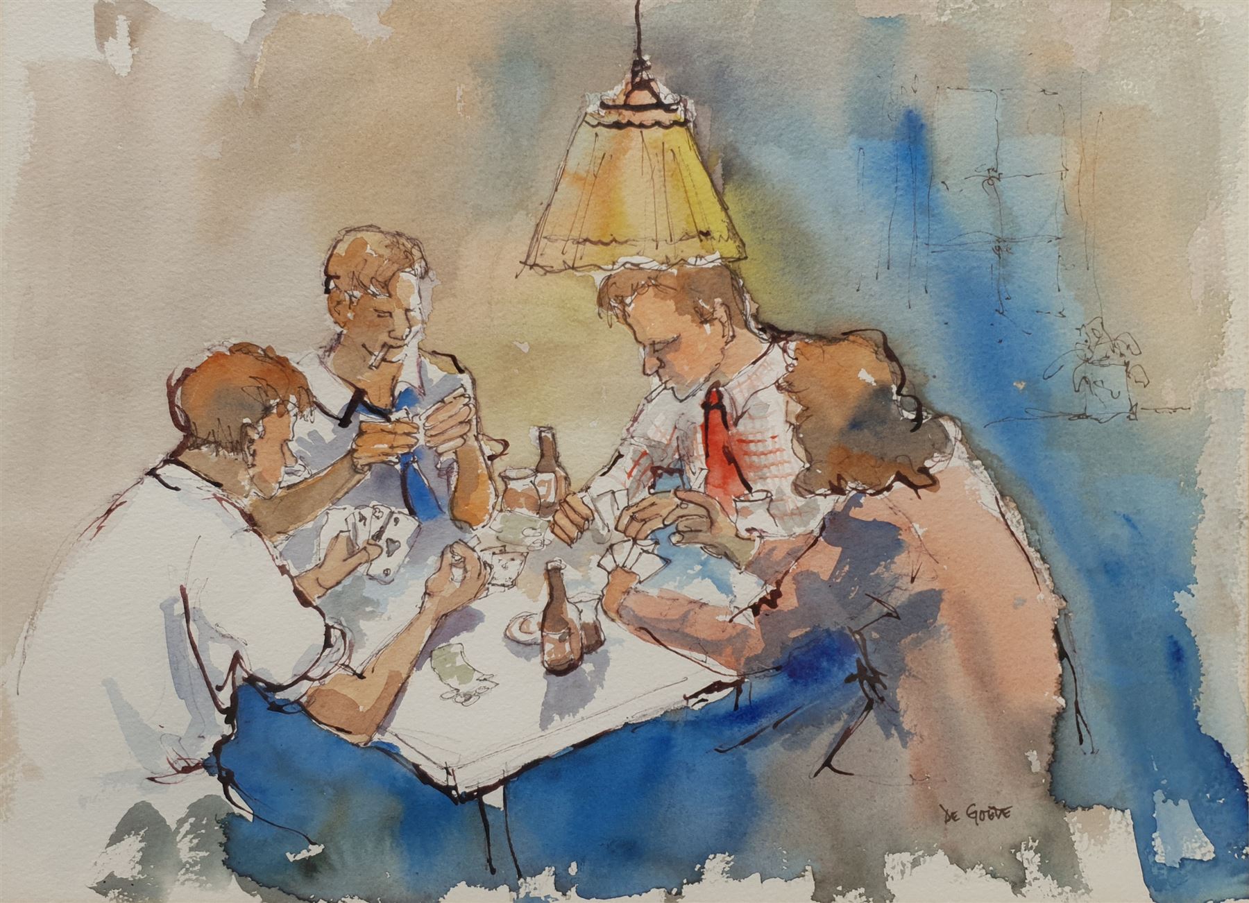 Rosemarie de Goede (South American Contemporary): The Card Players, watercolour and ink signed 28cm x 38cm