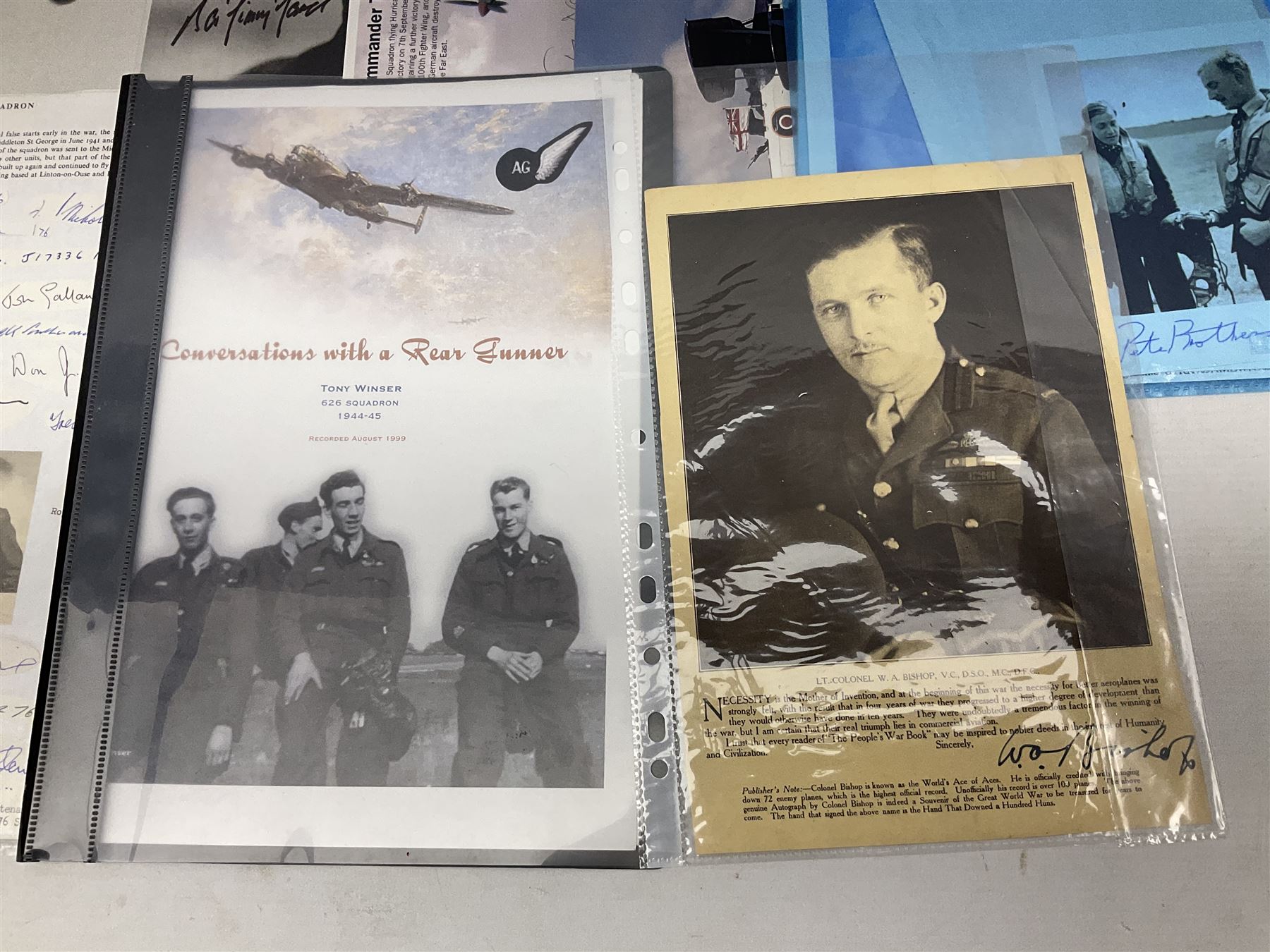 76 Squadron - small archive of photographs, signatures etc; signed copy of Conversations with a Rear gunner by Tony Winser; and collection of signatures of WW2 pilots and aircrew, some original but most facsimile/copies, including Lt. Col. W.A. Bishop VC, DSO, MC, DFC, Johnnie Johnson, Bomber Command etc
