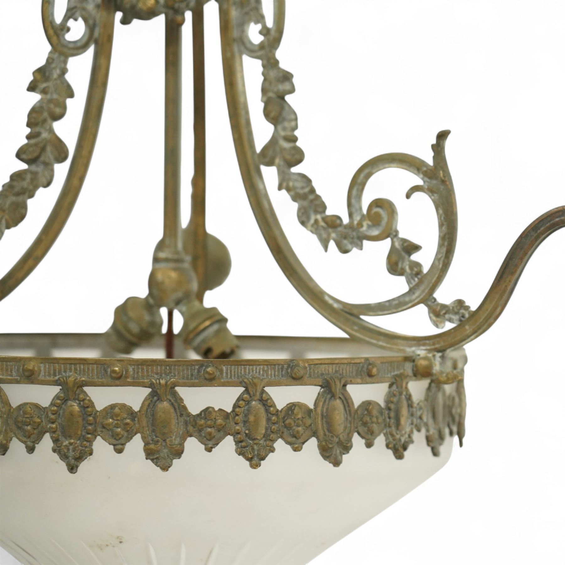 Early 20th-century French gilt bronze and glass three-light plafonnier, circular frosted glass bowl with moulded flutes, frosted glass bowls suspended from a hexagonal stem with scrolling acanthus branches and stiff leaf ceiling corona 