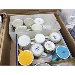 Large collection of ceramics to include God Speed the Plough loving cup, Denby, Coalport, Portmeirion, quantity of mugs etc in four boxes