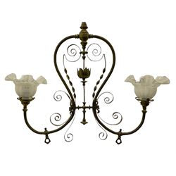 Early 20th century brass two branch chandelier, the two scrolled branches decorated with scroll work and twist detail, ruffled opaque glass shades