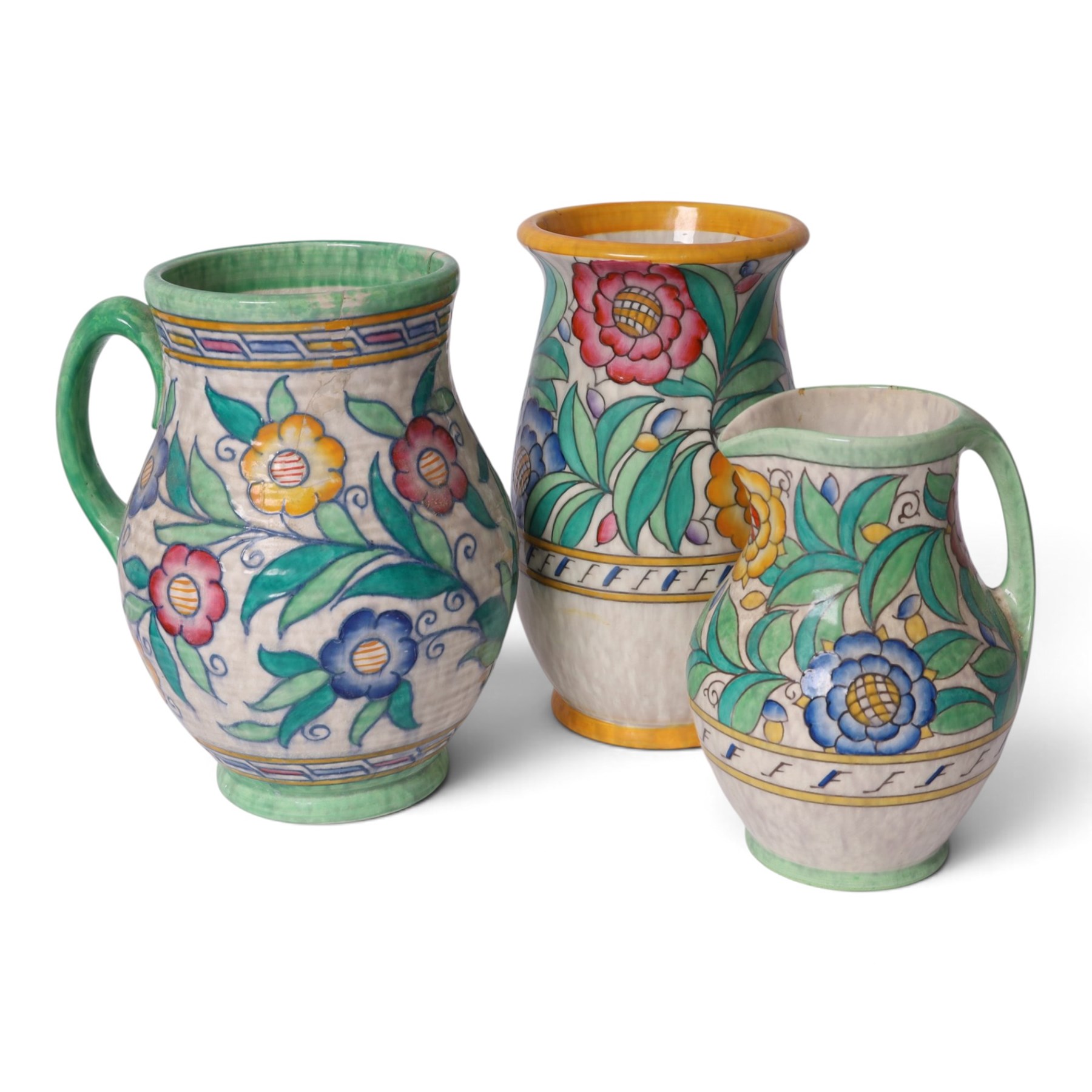 Charlotte Rhead for Crown Ducal - two jugs and a vase, decorated in the Persian Rose pattern, largest H27cm