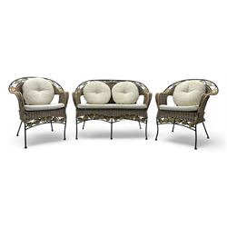 Late 20th century three-piece garden suite, wicker construction and wrought iron frame, decorated with cast metal leaf motifs, cream seat cushions and round back cushions