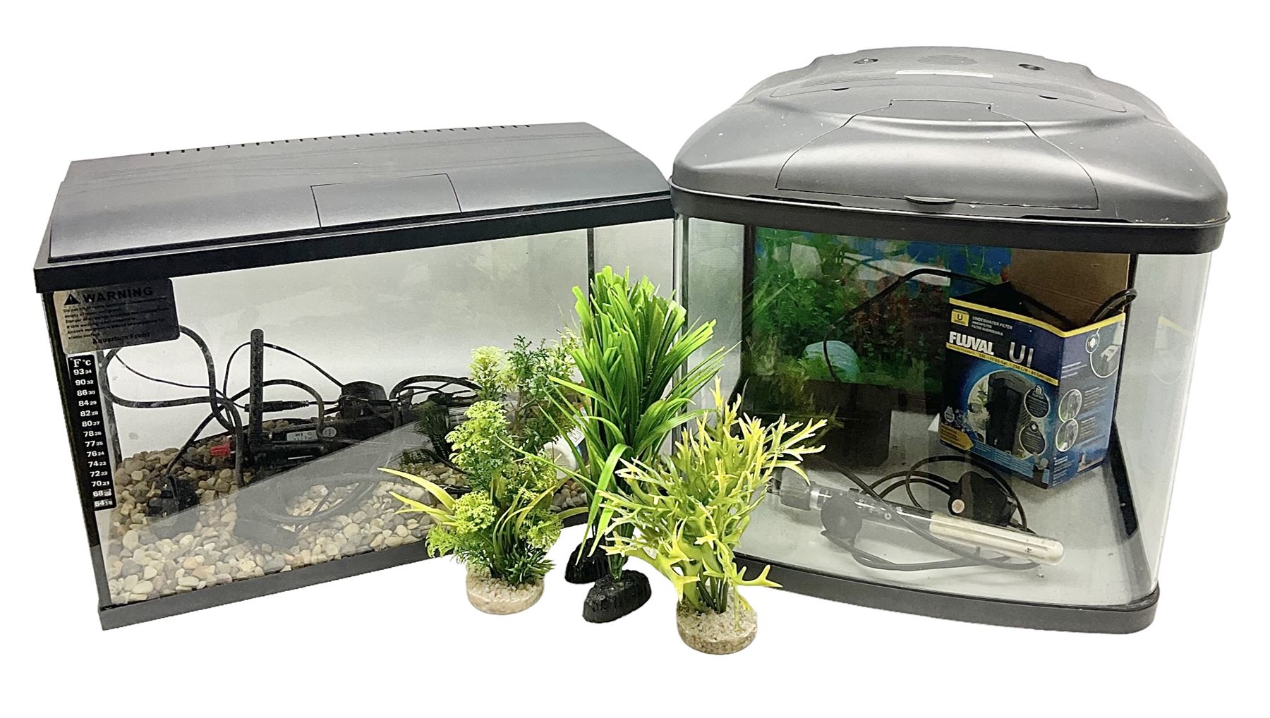 Two fish aquariums, comprising Interpet Aquapod LED starter kit 45l and PAH Fishbox 48l, with various accessories, tallest H40cm
