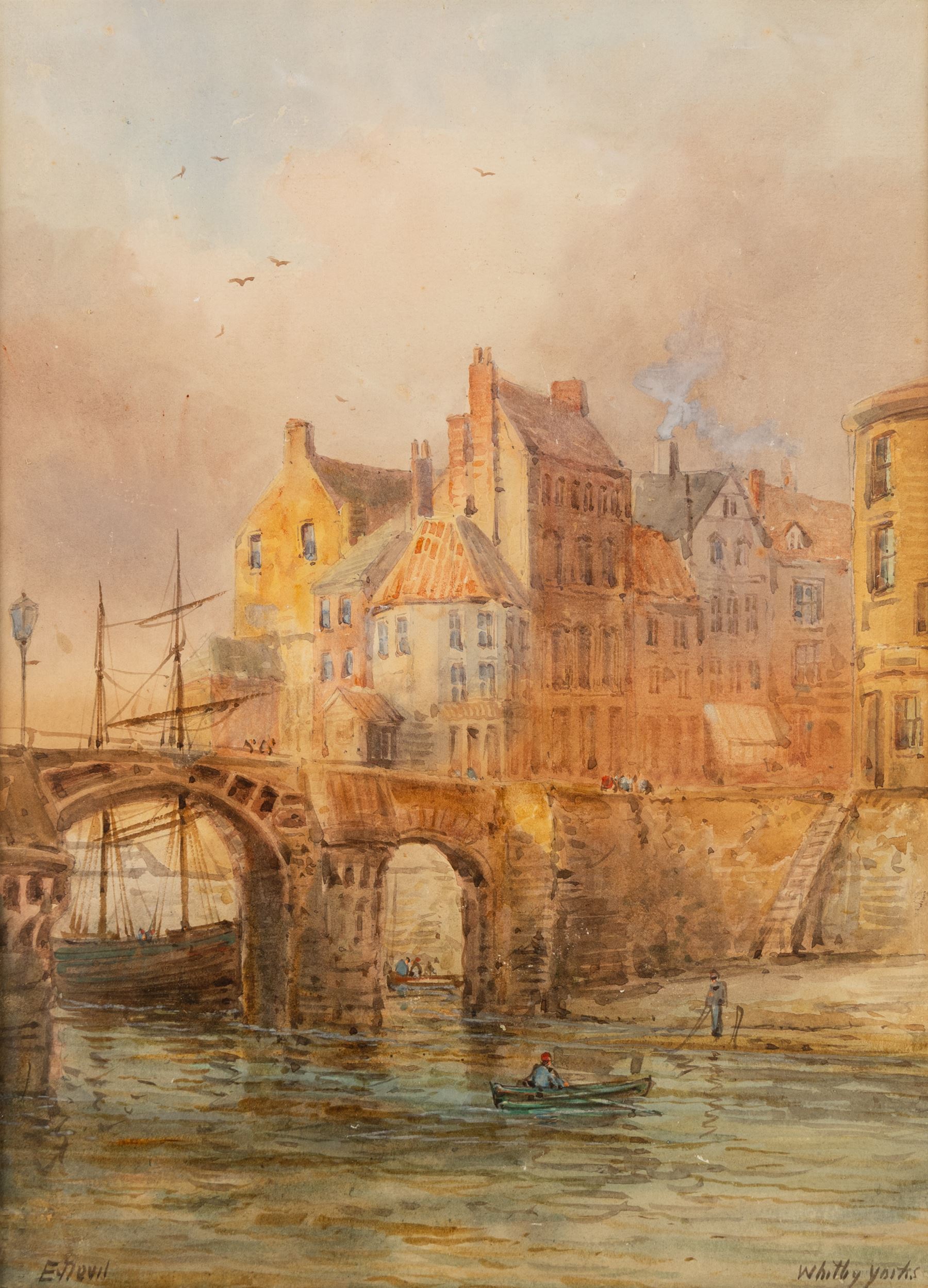 Thomas Swift Hutton (British 1860-1935): 'Tin Ghaut - Whitby', George Percy Bankart (British 1866-1929): ‘River Esk at Whitby’, Edith F Hillier (British 19th/20th Century): ‘The Market Place – Whitby'; together with other Whitby related watercolours variously signed and titled max 36.5cm x 26.5cm (6)