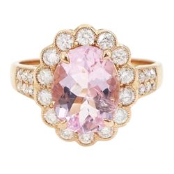 18ct rose gold oval cut morganite and milgrain set, round brilliant cut diamond cluster ring, with diamond set shoulders, stamped 750, morganite approx 2.30 carat, total diamond weight approx 0.65 carat