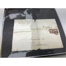 Postal history, including pre-stamp letters, Queen Victoria imperf penny red on entire with black MX cancel, imperf penny red pair letter with 'Salisbury JY 22 1847' postmark, various other penny reds on covers, mourning covers, pre-paid stationary, King Edward VII, King George V and King George VI stamps on covers, postcards etc, approximately 95 items in total