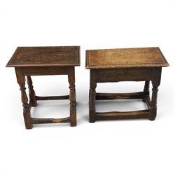 Two 19th century oak joint stools raised on turned supports united by stretchers