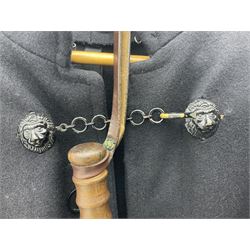 Police Constabulary style uniform items comprising woollen night cape / cloak with chain fastening, helmet and truncheon