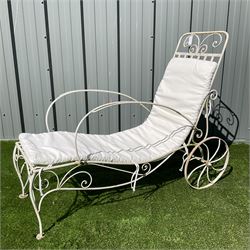 Painted, wrought metal, garden lounger, with white fabric cushion  - THIS LOT IS TO BE COLLECTED BY APPOINTMENT FROM DUGGLEBY STORAGE, GREAT HILL, EASTFIELD, SCARBOROUGH, YO11 3TX