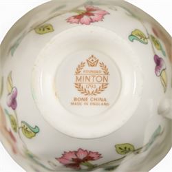 Minton Haddon Hall tea and dinner service, including teapot, milk jug, hot water jug, open sucrier, ten teacups and eight saucers, eight dinner plates, eight soup bowls, etc 
