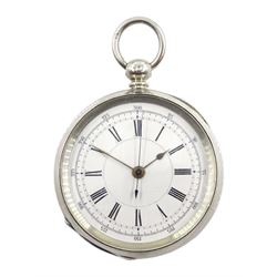 Victorian silver open face face key wound chronograph pocket watch by A. Lockhart, Whitehaven, No. 58660, white enamel dial with Roman numerals, outer seconds track numbered 25-300, case makers mark L A, London 1886