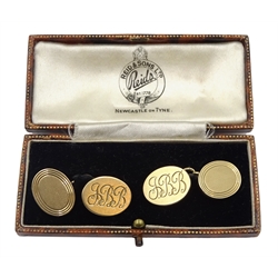Pair of 9ct gold cufflinks, engine turned decoration and  engraved initials, Chester 1960, retailed by Reid & Sons Ltd Newcastle, cased