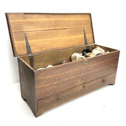 Late 18th century oak mule chest, fitted with hinge lid above single long drawer, stile supports, with content to include vintage ice skates and shoes